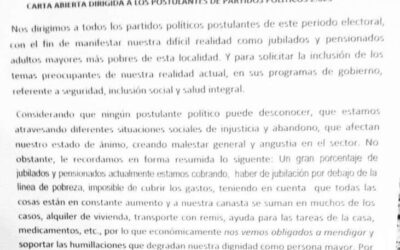 Carta Abierta de jubilados y pensionados autoconvocados  de Florencio Varela a los postulantes de partidos políticos