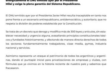 El Partido Justicialista de Florencio Varela rechaza  enérgicamente el DNU emitido  por el Presidente Milei y exige la plena garantía del Sistema Republicano