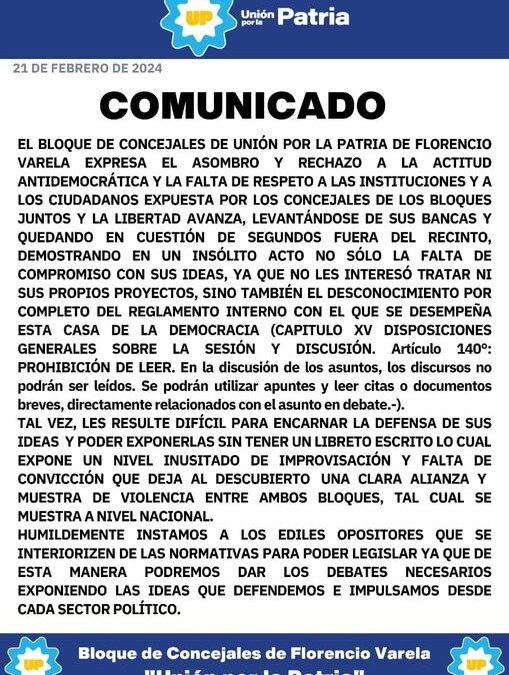 Comunicado del Bloque de Concejales de Unión por la Patria
