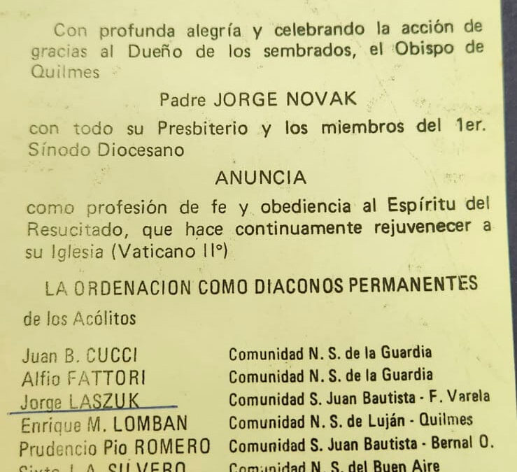 40º aniversario de ordenación de los primeros diáconos de la diócesis de Quilmes
