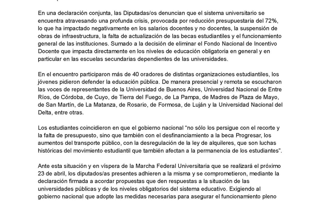 Diputados nacionales se manifestaron “en defensa de la universidad pública, gratuita y de excelencia”