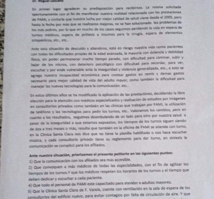 Jubilados autoconvocados de Florencio Varela  piden mejores servicios en la atención de PAMI