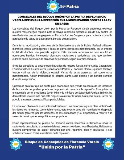 Repudiaron la represión los  concejales de UxP de Varela