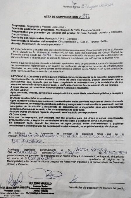 Intima el Municipio varelense en loteo  de Avenida Hudson con un acta irregular