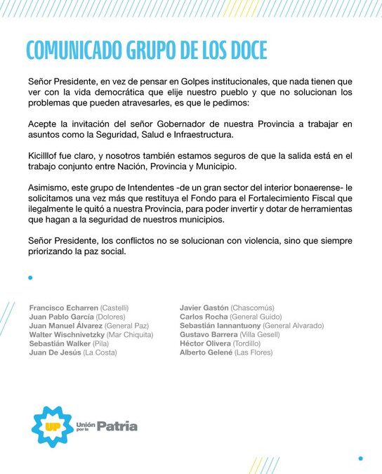 Un grupo de intendentes bonaerenses respaldaron a Kicillof y le exigieron a Milei cooperación en Seguridad