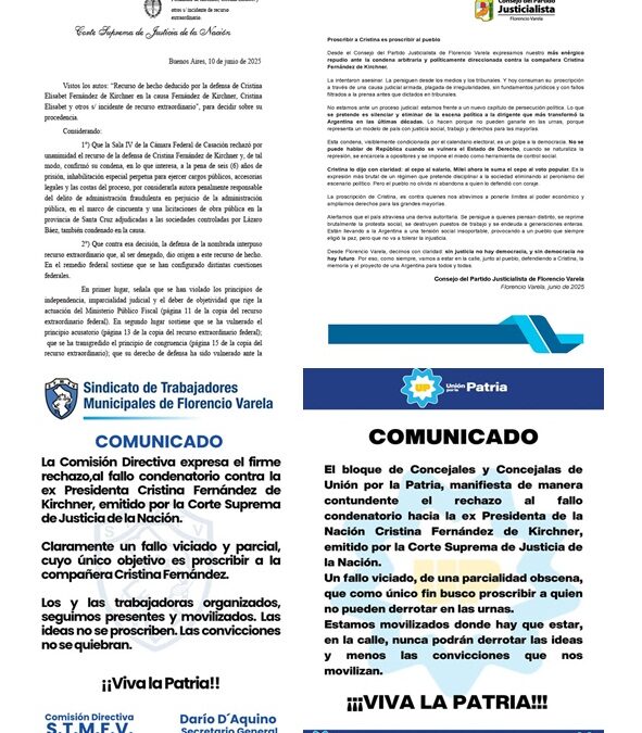 El Partido Justicialista de Florencio Varela manifestó su posición: “Proscribir a Cristina es proscribir al pueblo”