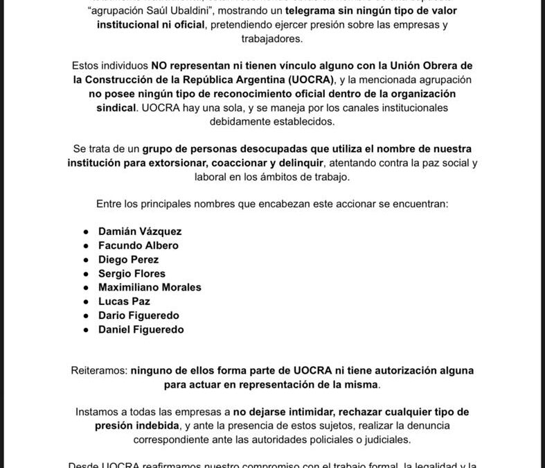 Comunicado de la UOCRA con sede en Florencio Varela