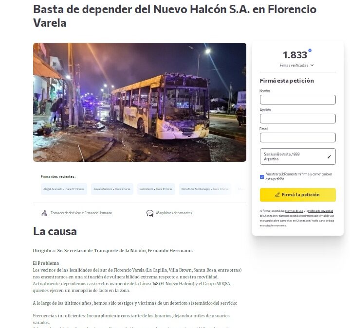 Juntan firmas en Change.org con la consigna: “Basta  de depender del Nuevo Halcón S.A. en Florencio Varela”